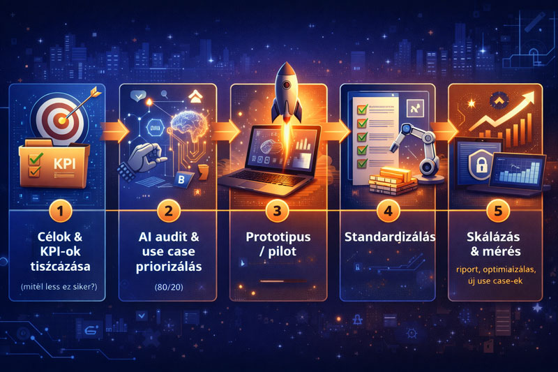 AI bevezetés folyamata 5 lépésben: célok, audit, pilot, standardizálás, skálázás